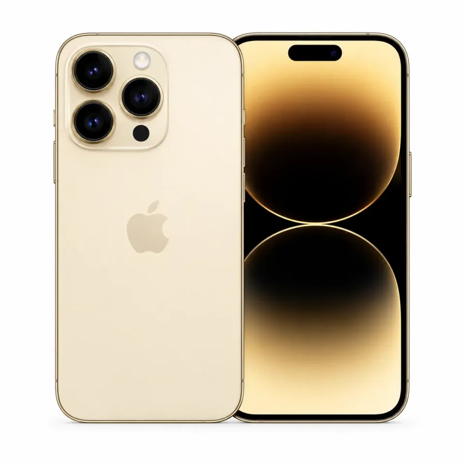 iPhone 14 Pro usado revisado, Oro: frente y reverso (foto de catálogo)