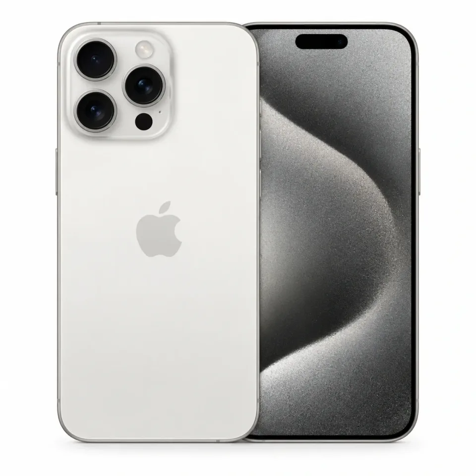iPhone 15 Pro Max usado revisado, Titanio blanco: frente y reverso (foto de catálogo)