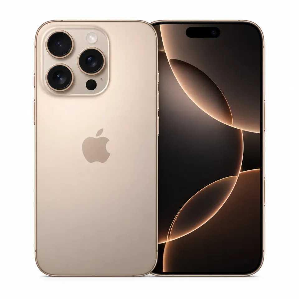iPhone 16 Pro usado revisado, Titanio desierto: frente y reverso (foto de catálogo)