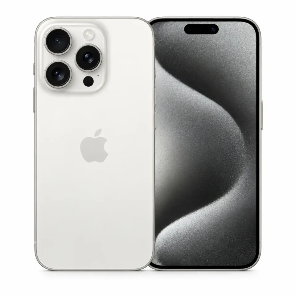 iPhone 15 Pro usado revisado, Titanio blanco: frente y reverso (foto de catálogo)